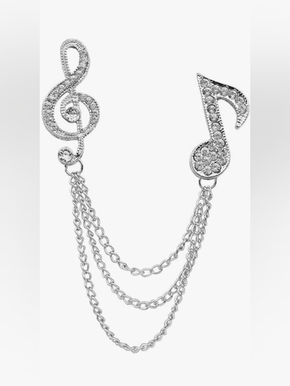 NWOT Silver Crystal Musical Note Tassel Chain Lapel Brooch Pin